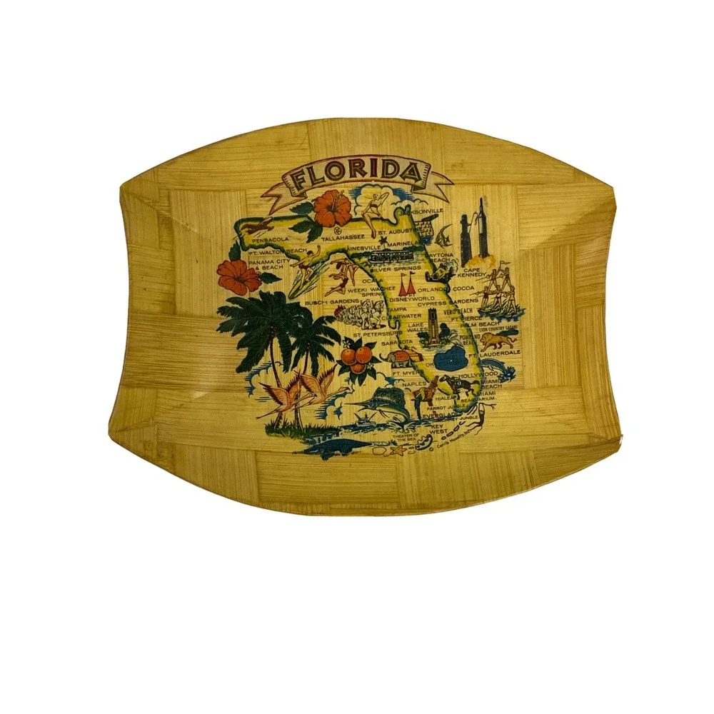 Vintage Florida State Bamboo Map Bowl